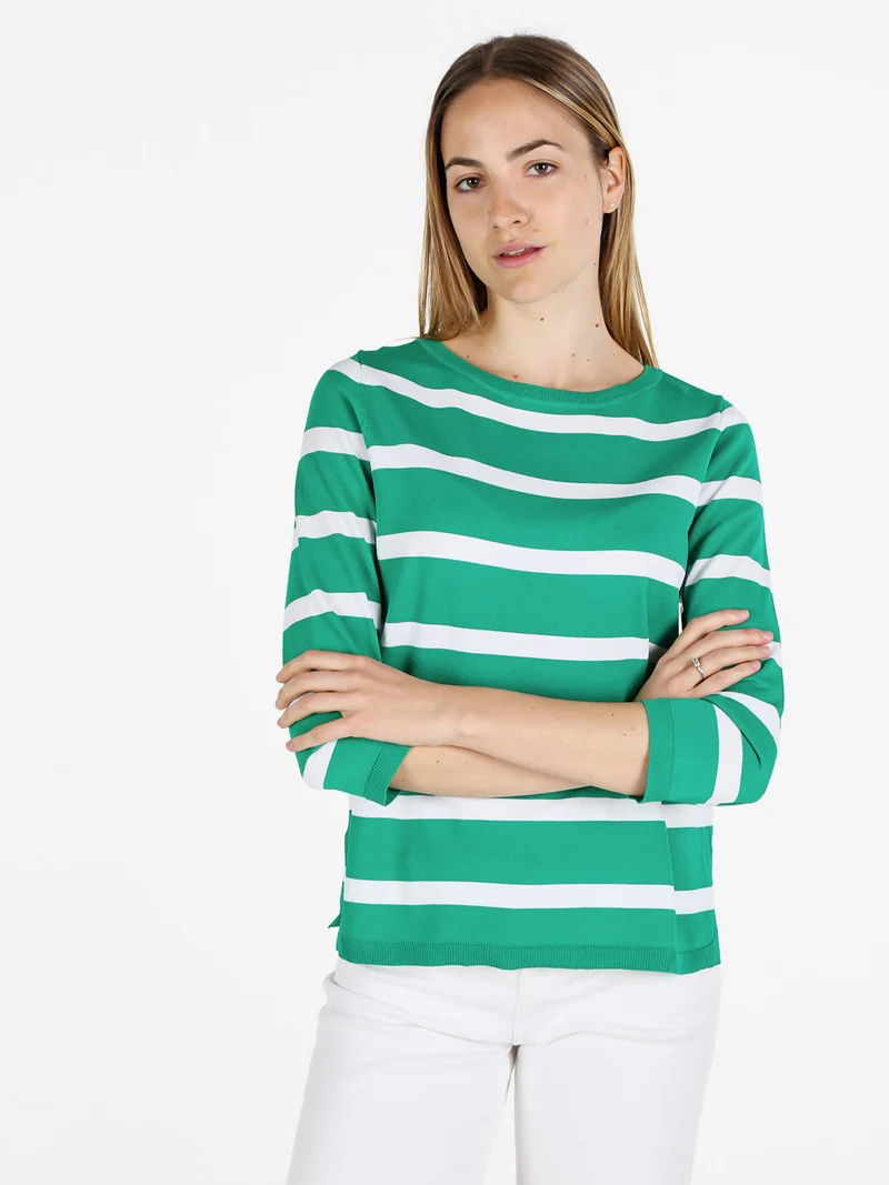Pullover donna a righe con maniche a tre quarti - verde