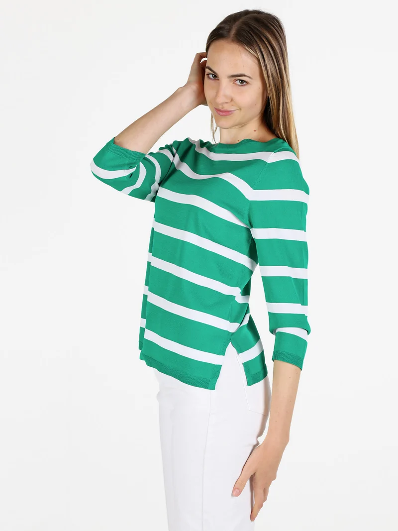 Pullover donna a righe con maniche a tre quarti - verde