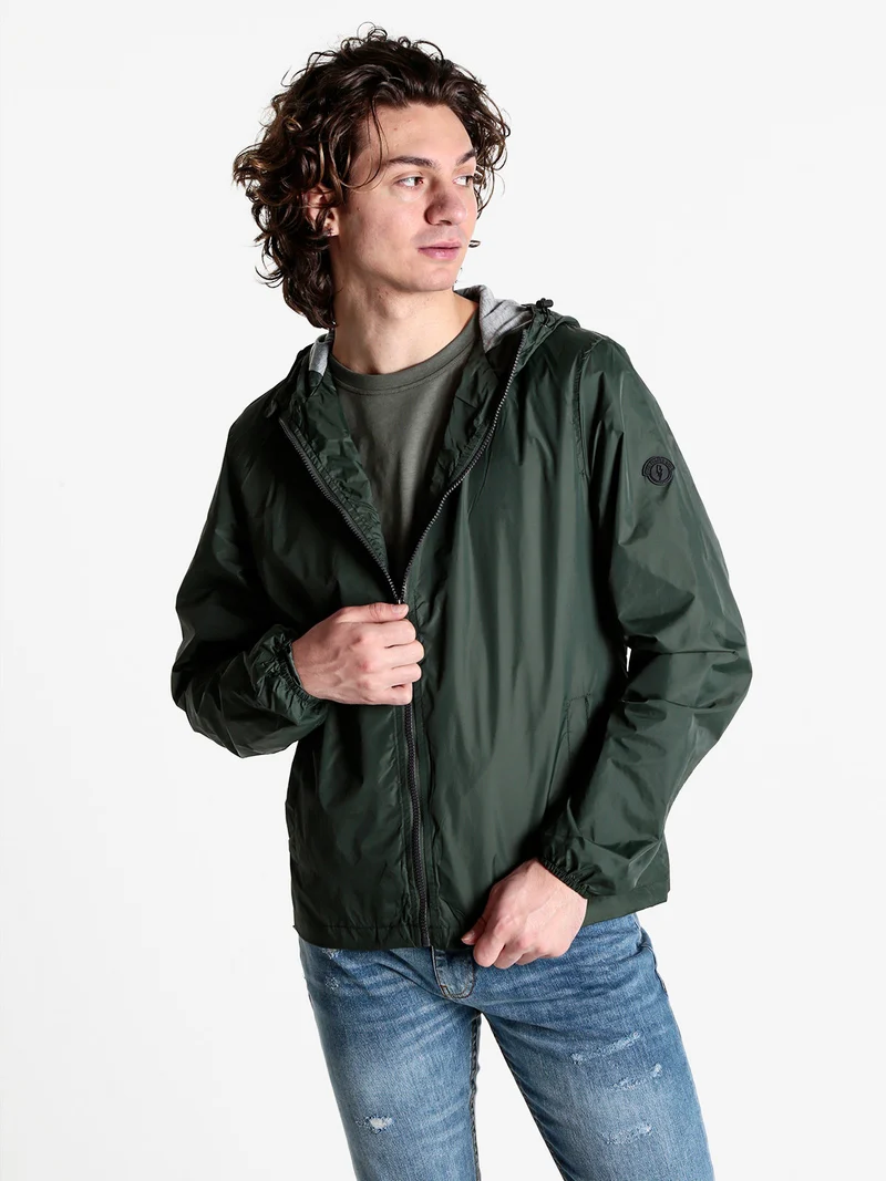 Giacca a vento da uomo con cappuccio e zip - militare