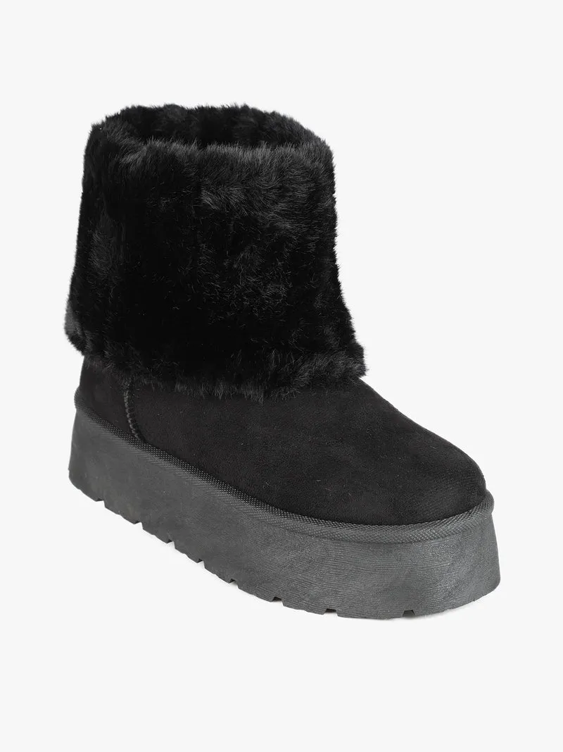 Stivaletti donna scamosciati con platform e bordo in pelliccia sintetica - nero