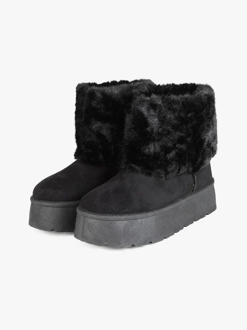 Stivaletti donna scamosciati con platform e bordo in pelliccia sintetica - nero