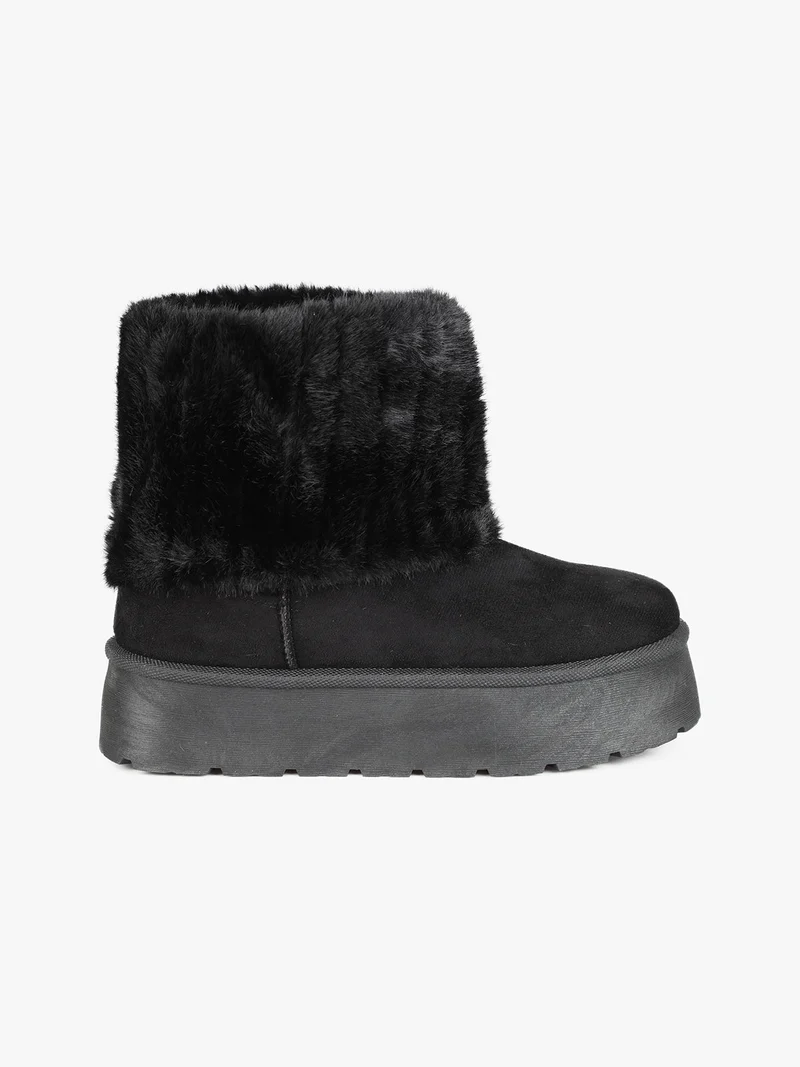 Stivaletti donna scamosciati con platform e bordo in pelliccia sintetica - nero