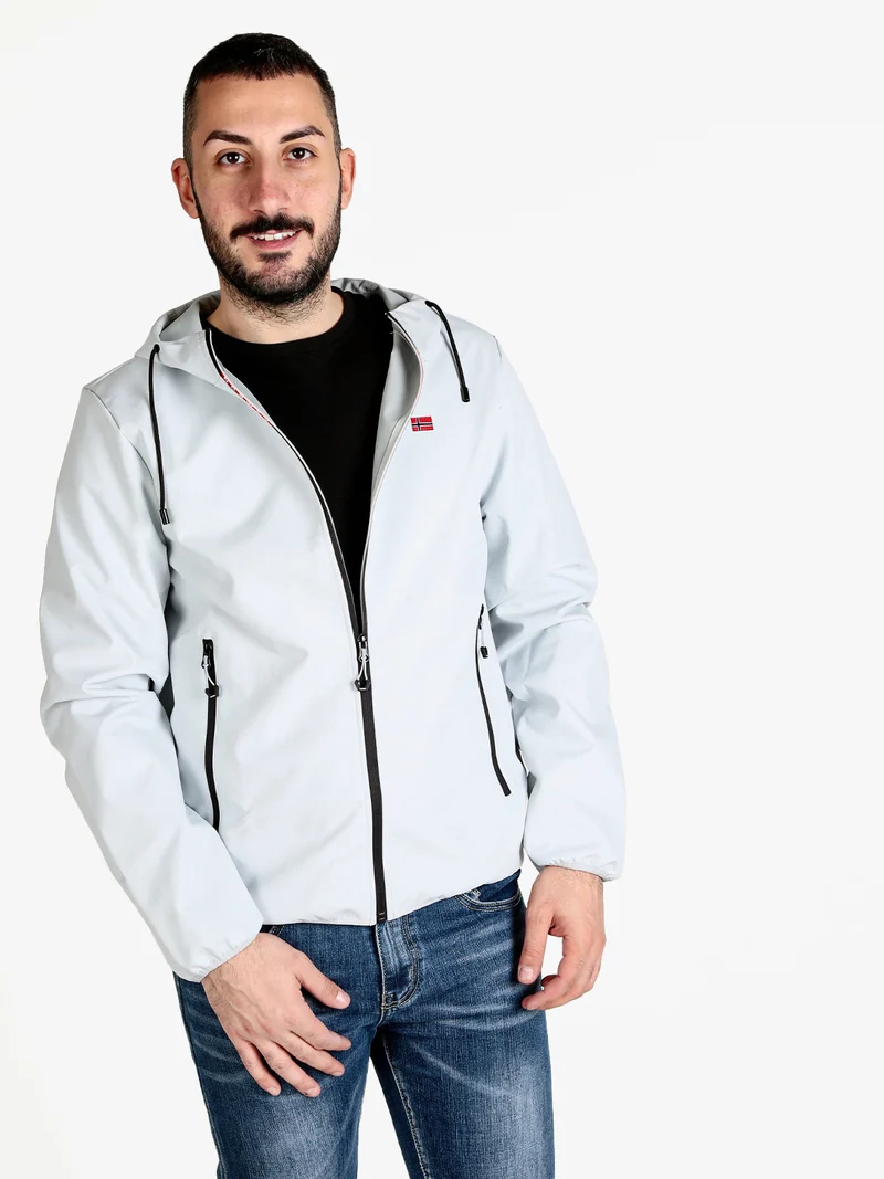 Giacca a vento da uomo impermeabile con cappuccio e zip - perla