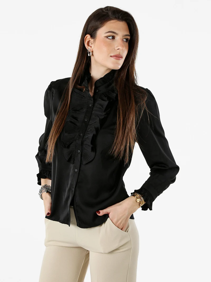 Camicia donna a maniche lunghe con rouches - nero