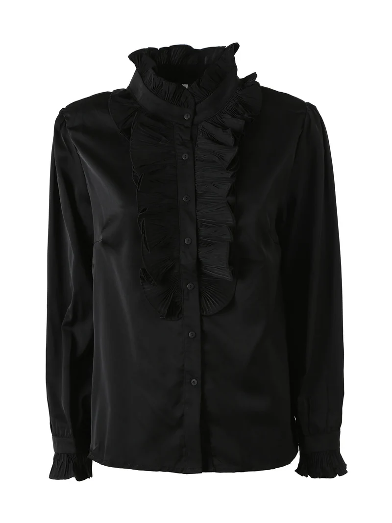 Camicia donna a maniche lunghe con rouches - nero