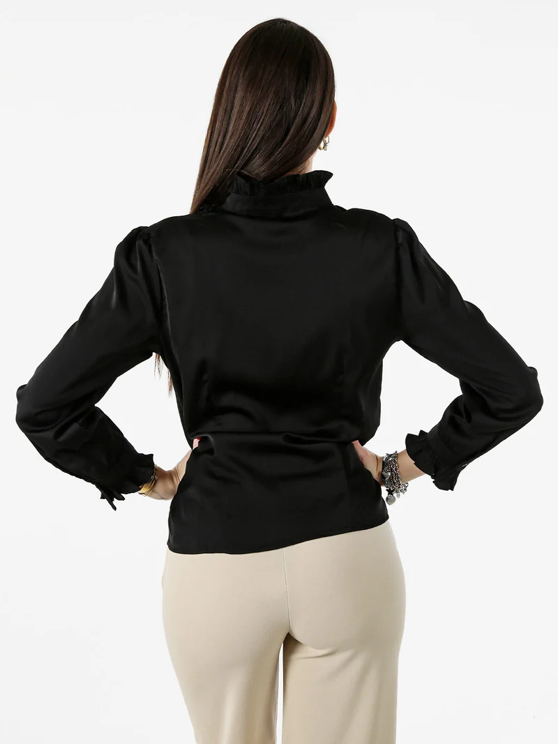Camicia donna a maniche lunghe con rouches - nero