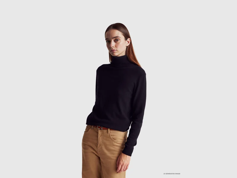 Schwarzer Rollkragenpullover aus reiner Merinowolle