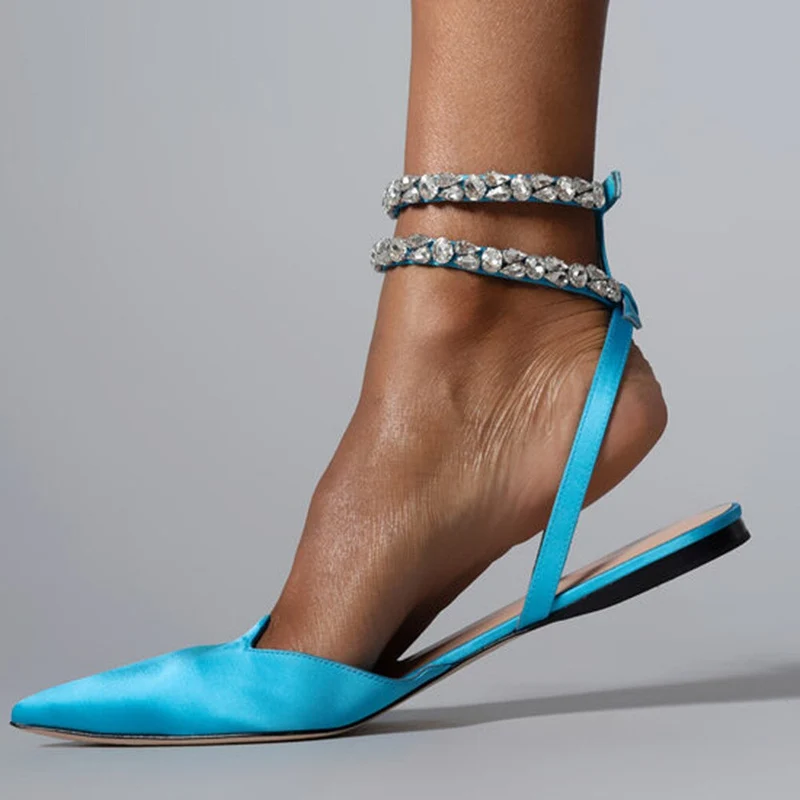 Damen Sandalen | Flache Sommer Slides | Kristallspitze & Knöchelriemen | Modischer Stil