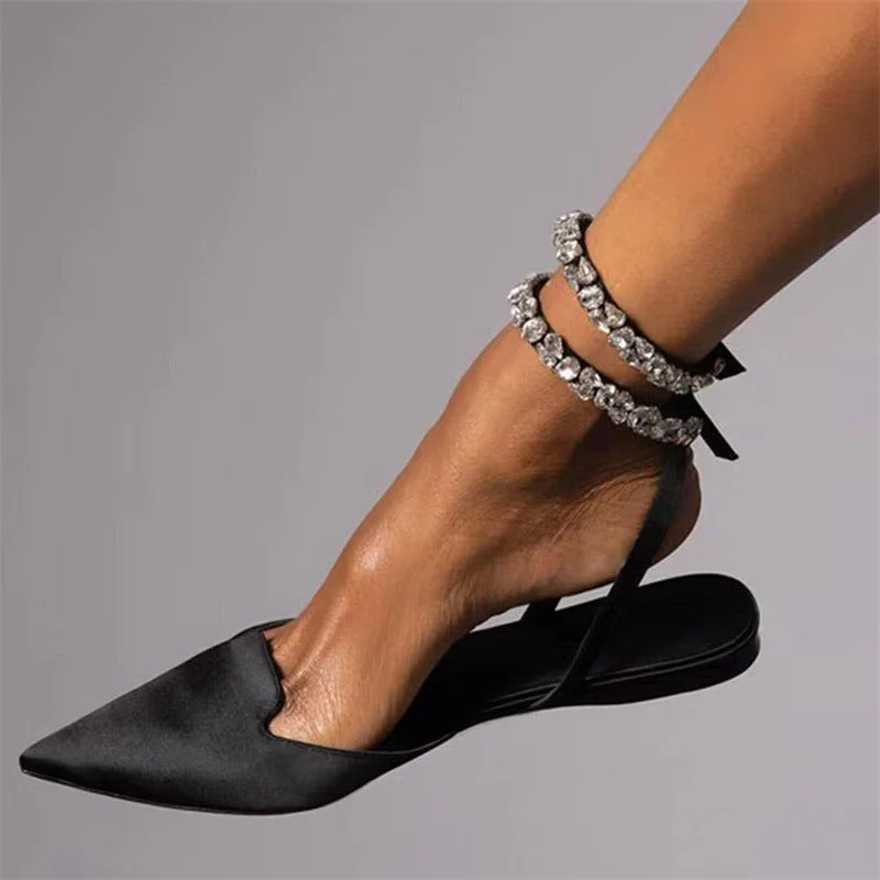 Damen Sandalen | Flache Sommer Slides | Kristallspitze & Knöchelriemen | Modischer Stil