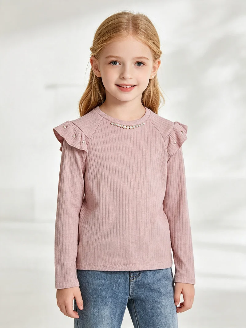 Maglia da bambina a maniche lunghe con dettagli di perle - rosa