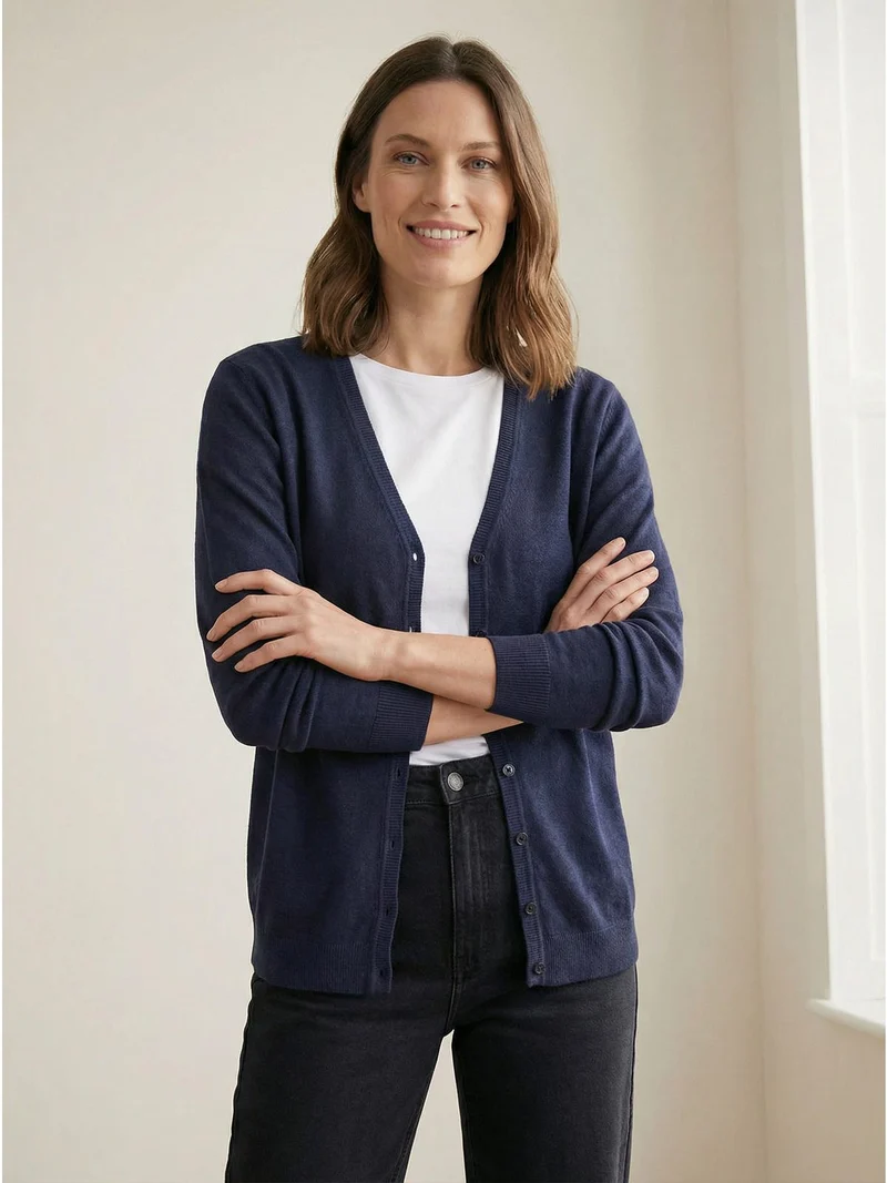 Cardigan donna in maglia con bottoni - blu scuro
