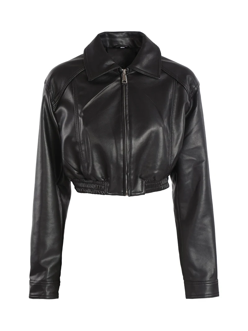 Giacca cropped da donna in ecopelle - nero