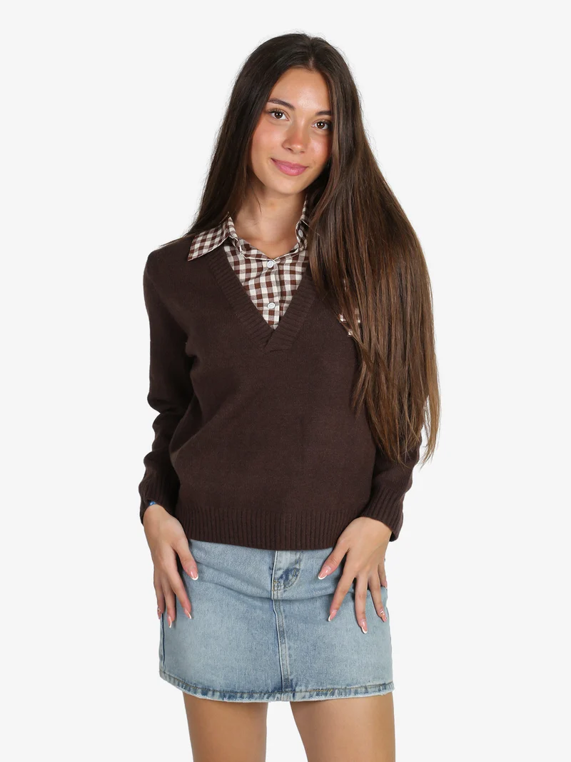 Maglione donna oversize con collo a camicia - moro