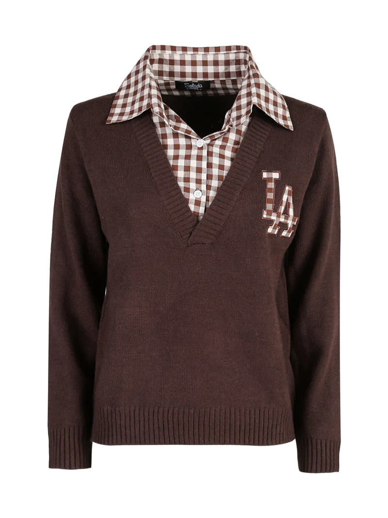 Maglione donna oversize con collo a camicia - moro