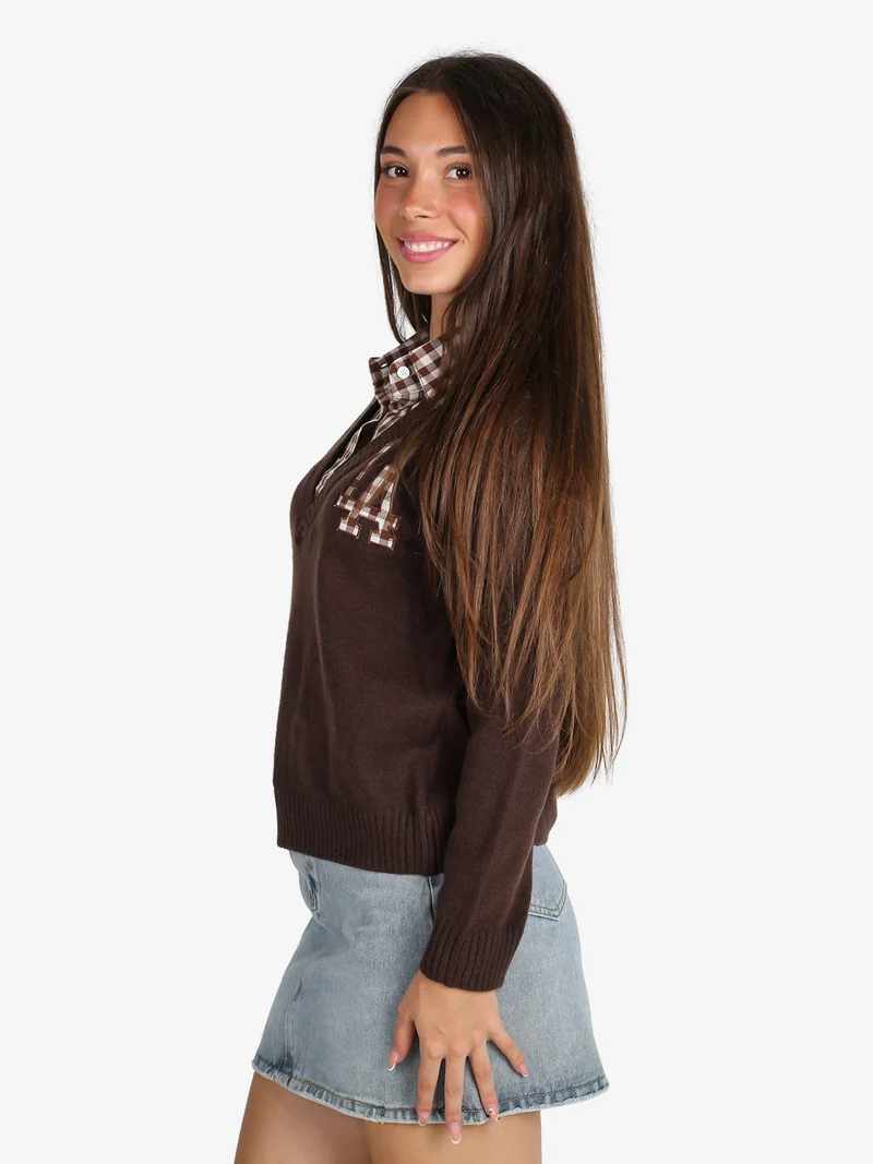 Maglione donna oversize con collo a camicia - moro