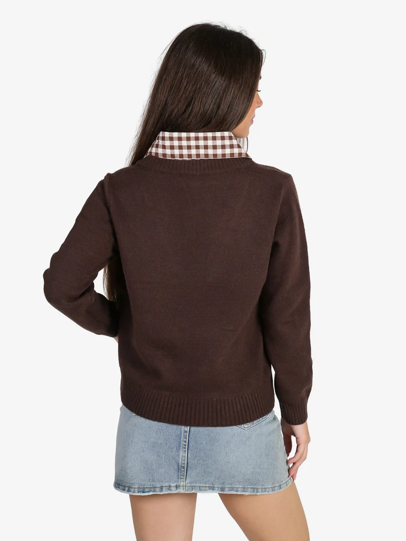 Maglione donna oversize con collo a camicia - moro
