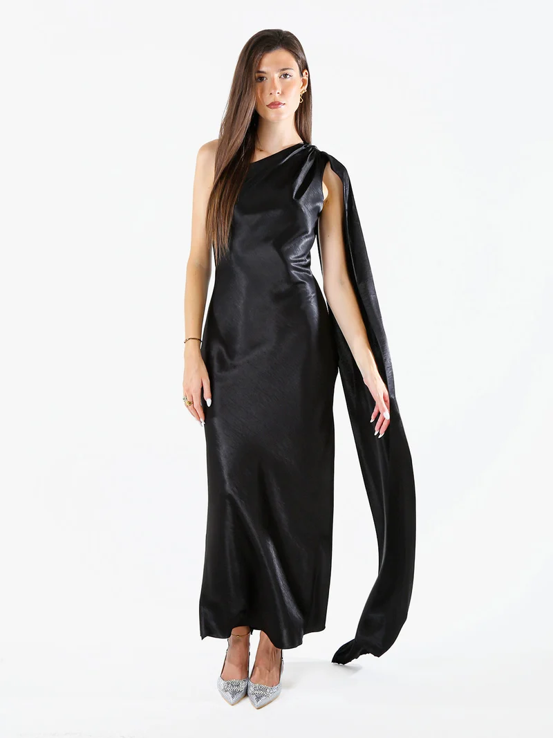 Abito elegante da donna monospalla con stola incorporata - nero