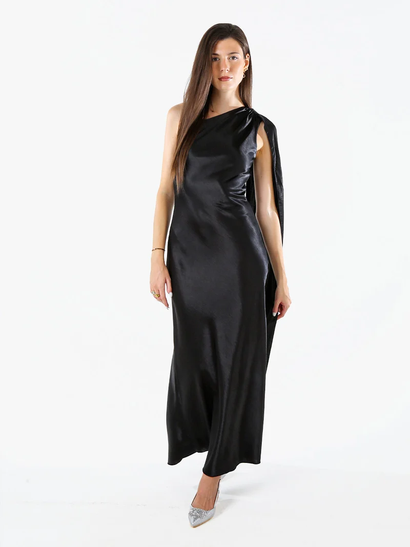 Abito elegante da donna monospalla con stola incorporata - nero