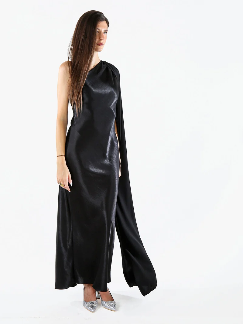 Abito elegante da donna monospalla con stola incorporata - nero