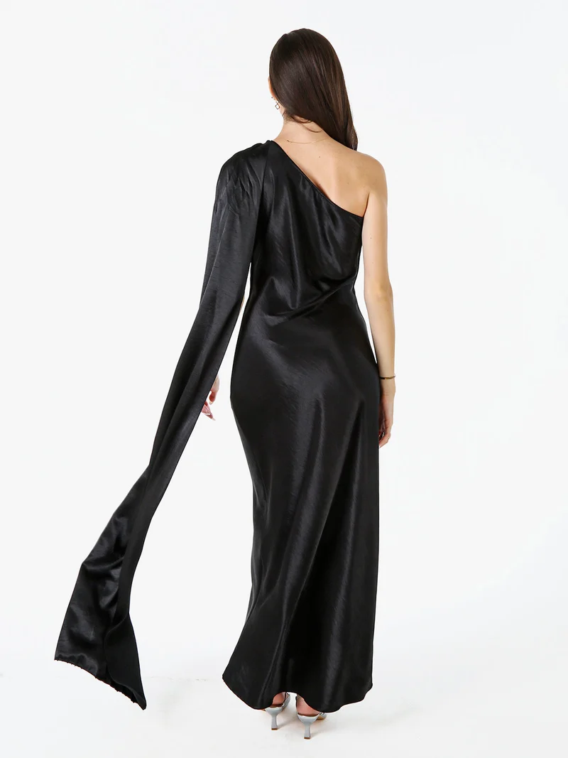 Abito elegante da donna monospalla con stola incorporata - nero