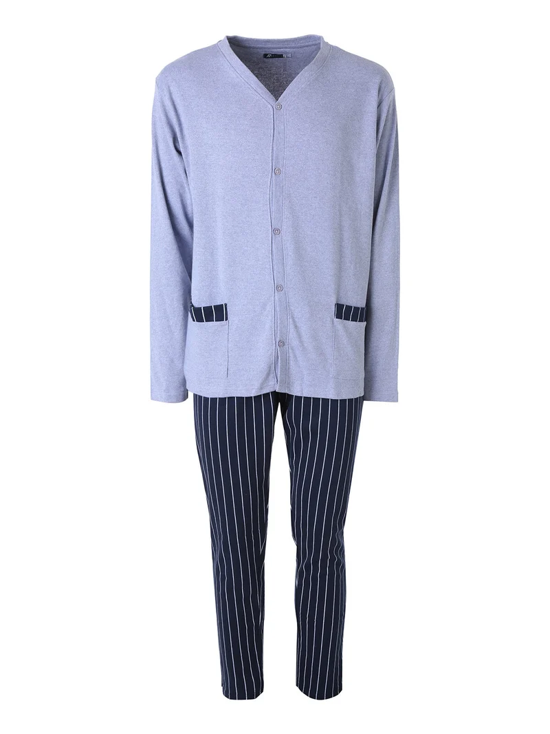 Pigiama da uomo in cotone interlock aperto con bottoni e pantaloni a righe - jeans