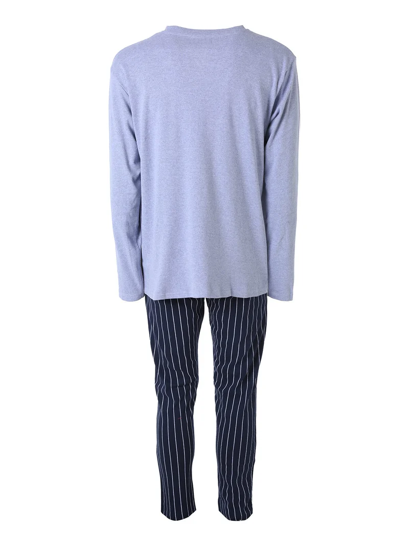 Pigiama da uomo in cotone interlock aperto con bottoni e pantaloni a righe - jeans