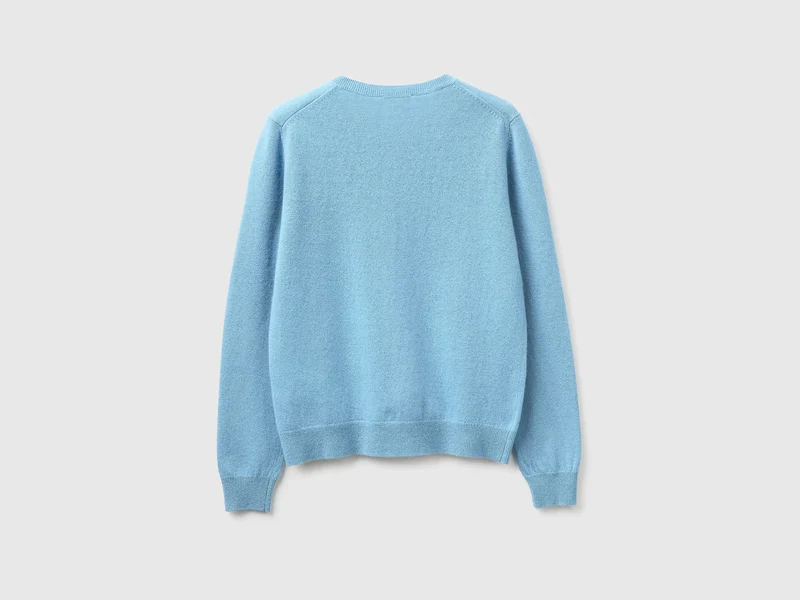 Hellblaue Strickjacke mit Rundhalsausschnitt aus reiner Merinowolle