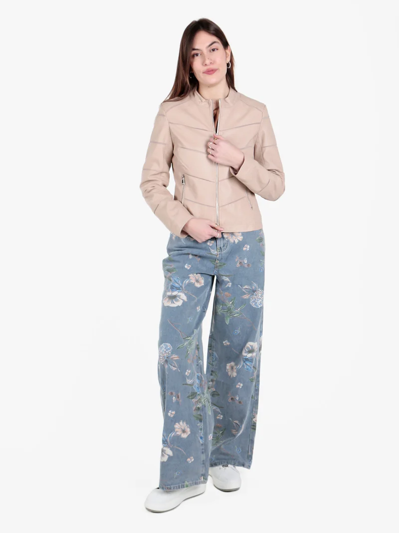 Giacca in ecopelle da donna con zip - beige