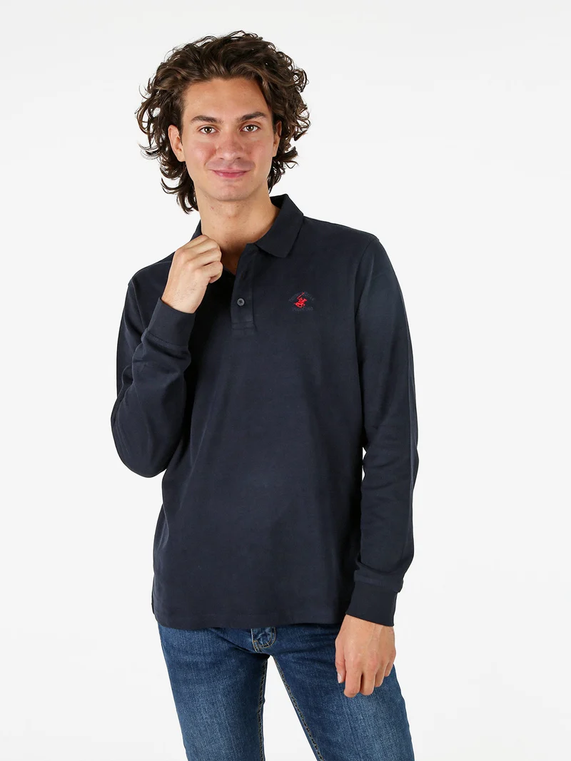 Polo da uomo a maniche lunghe in cotone - blu scuro