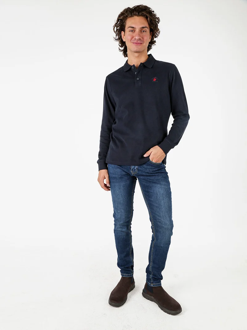 Polo da uomo a maniche lunghe in cotone - blu scuro