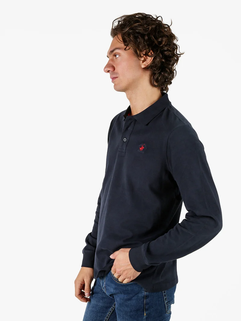 Polo da uomo a maniche lunghe in cotone - blu scuro