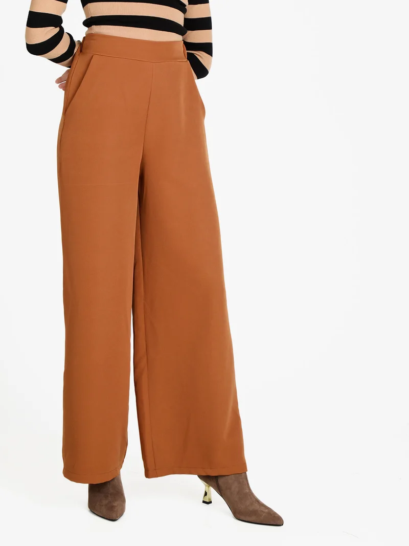 Pantaloni donna ampi a vita alta - marrone