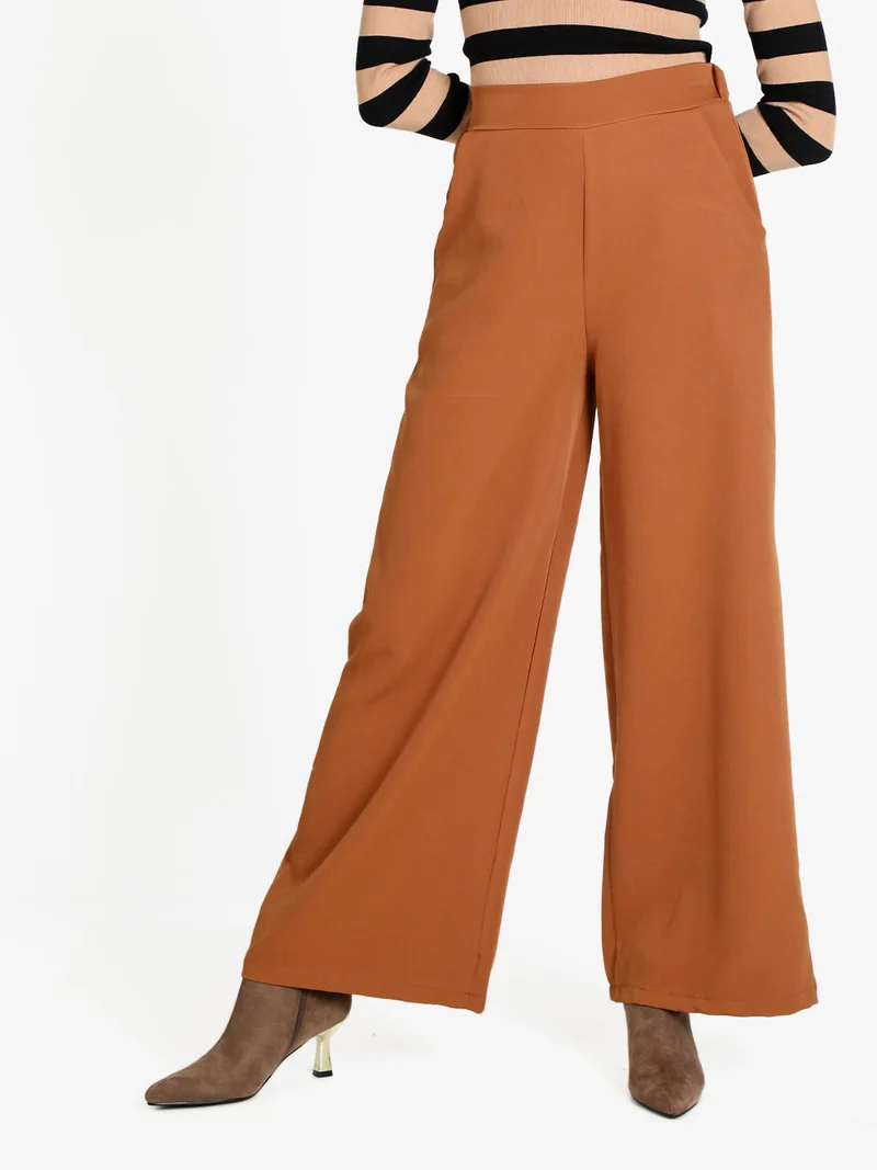 Pantaloni donna ampi a vita alta - marrone