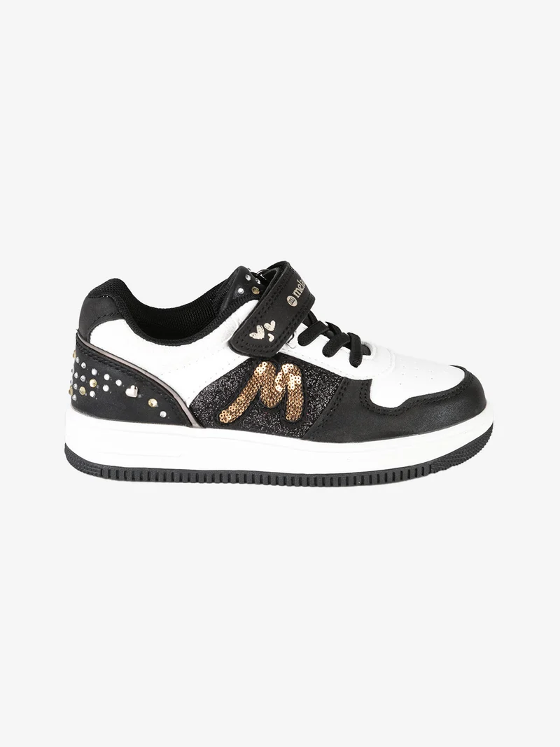 Sneakers bicolore da bambina con strass e cinturino a strappo - nero