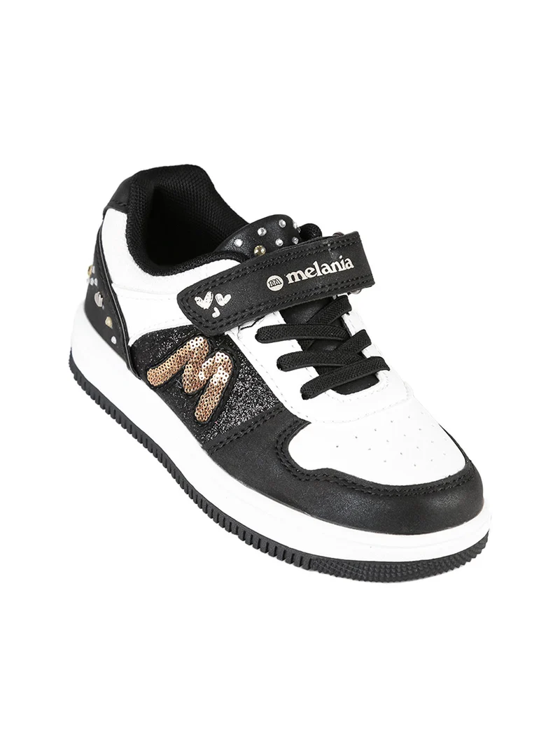 Sneakers bicolore da bambina con strass e cinturino a strappo - nero