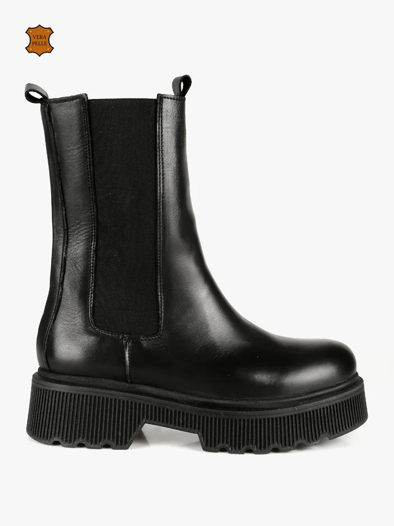 Stivaletti in pelle donna con tacco e plateau - nero