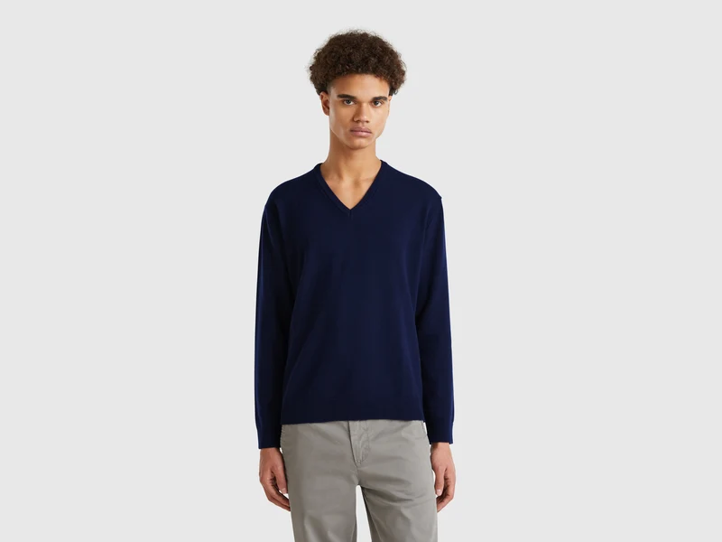 Dunkelblauer Pullover mit V-Ausschnitt aus reiner Merinowolle