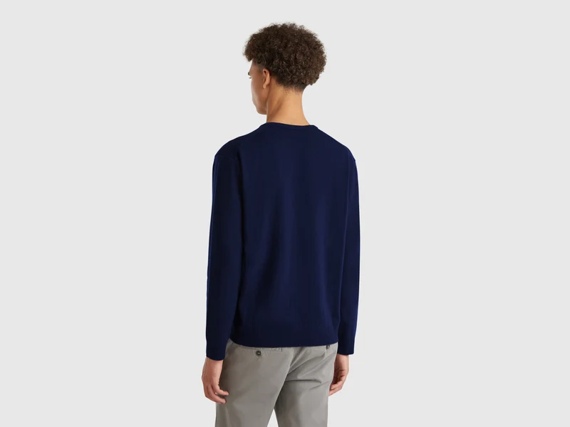 Dunkelblauer Pullover mit V-Ausschnitt aus reiner Merinowolle