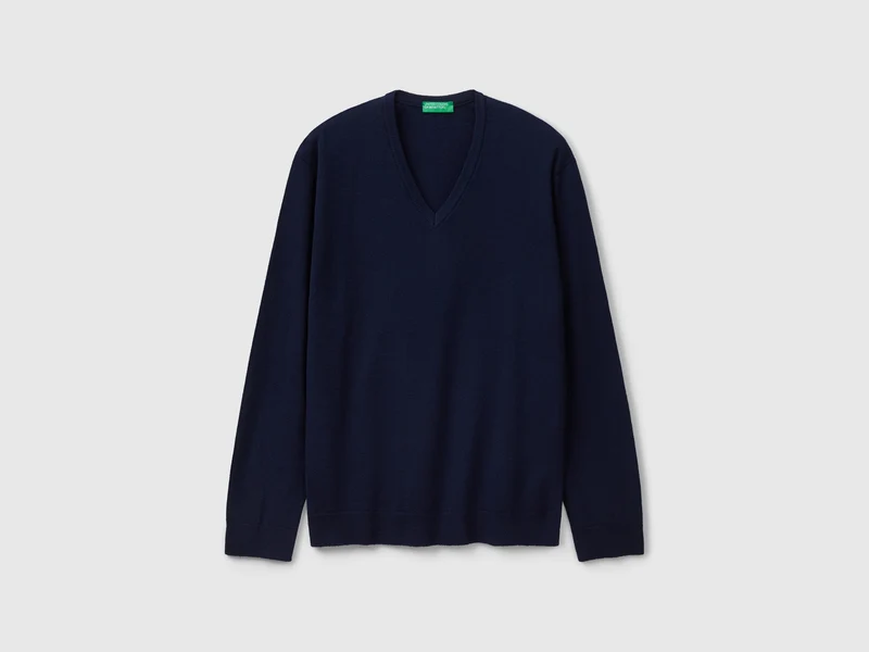 Dunkelblauer Pullover mit V-Ausschnitt aus reiner Merinowolle
