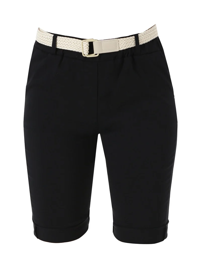 Bermuda donna in tessuto elasticizzato con cintura in corda - nero
