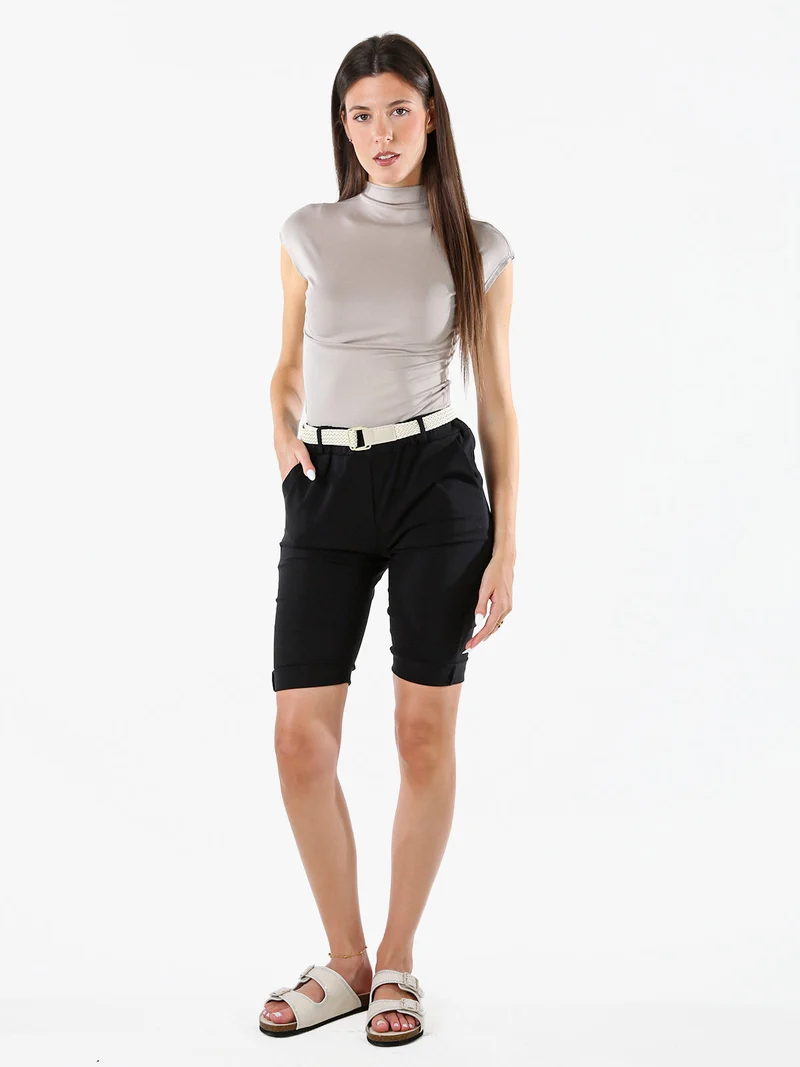 Bermuda donna in tessuto elasticizzato con cintura in corda - nero