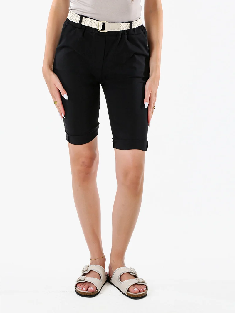Bermuda donna in tessuto elasticizzato con cintura in corda - nero