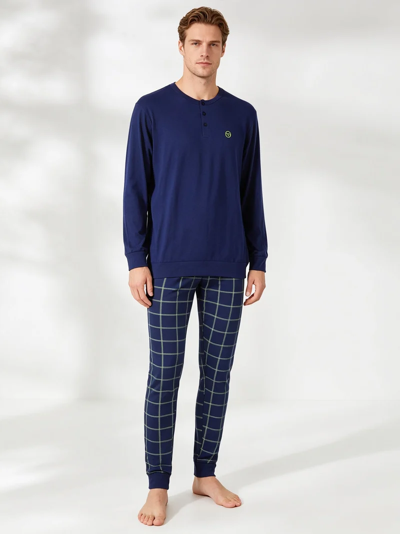Pigiama lungo da uomo in cotone con pantaloni a quadri - blu