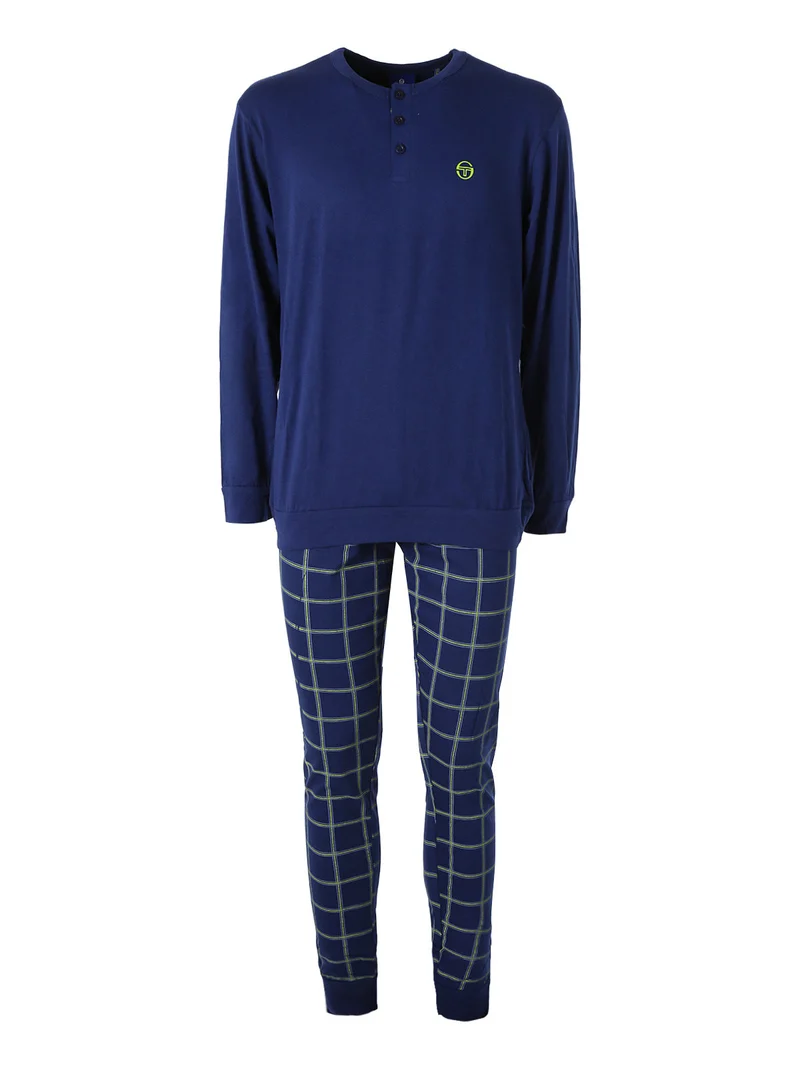Pigiama lungo da uomo in cotone con pantaloni a quadri - blu