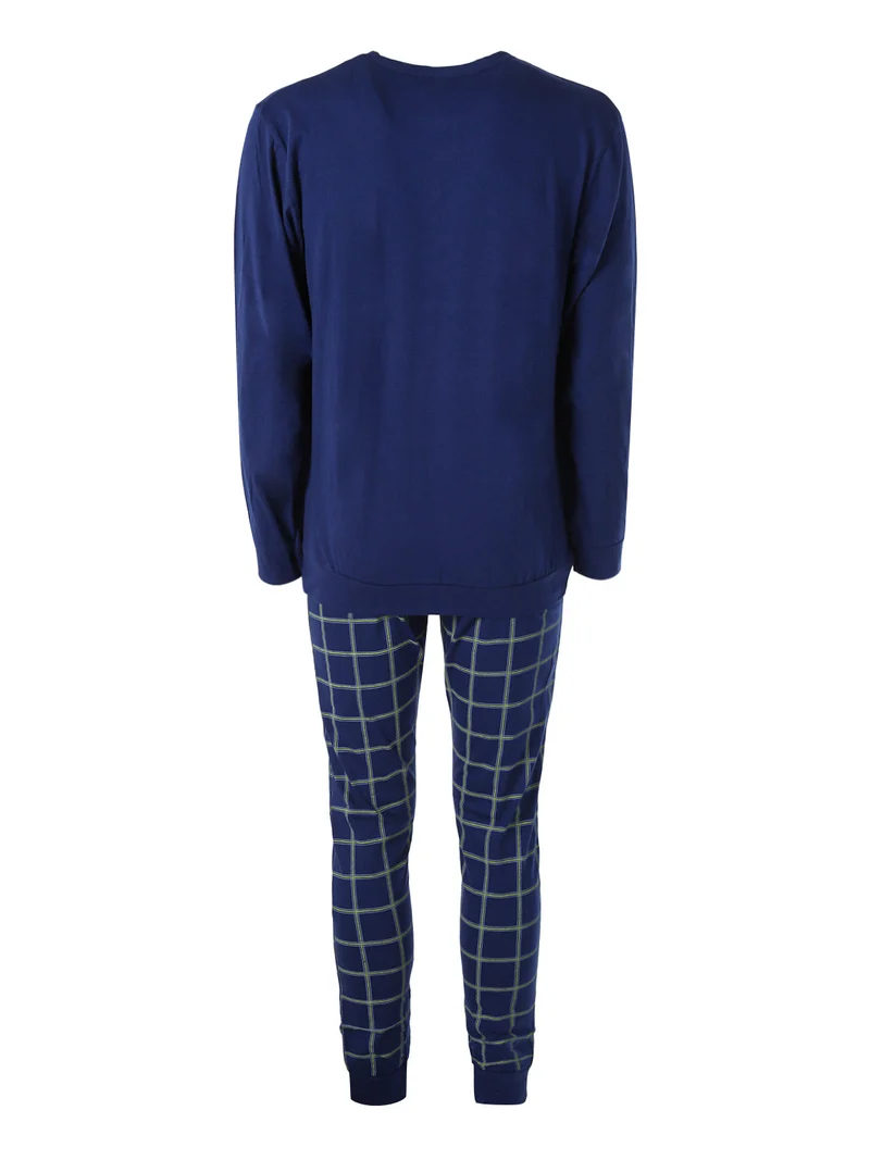 Pigiama lungo da uomo in cotone con pantaloni a quadri - blu