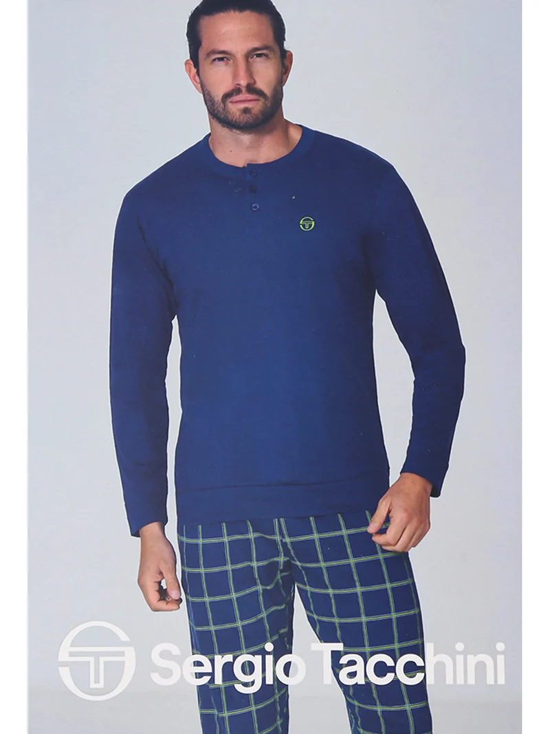 Pigiama lungo da uomo in cotone con pantaloni a quadri - blu
