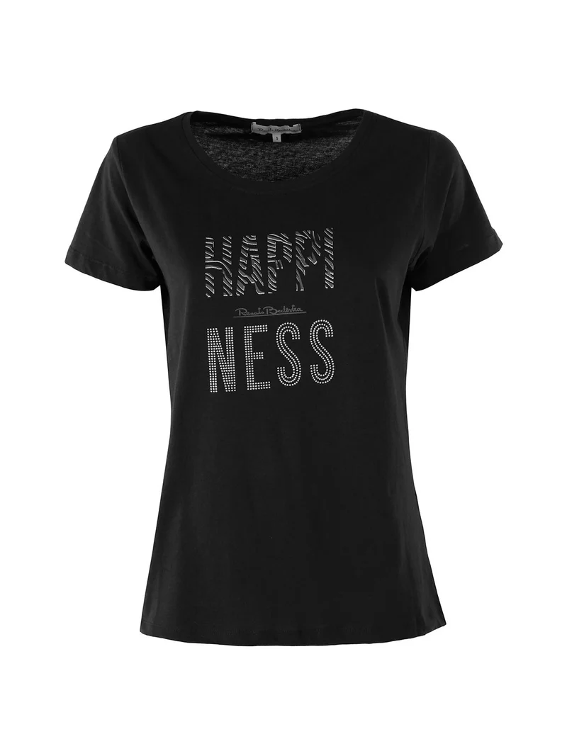 T-shirt girocollo da donna in cotone con strass e dettagli lurex - nero