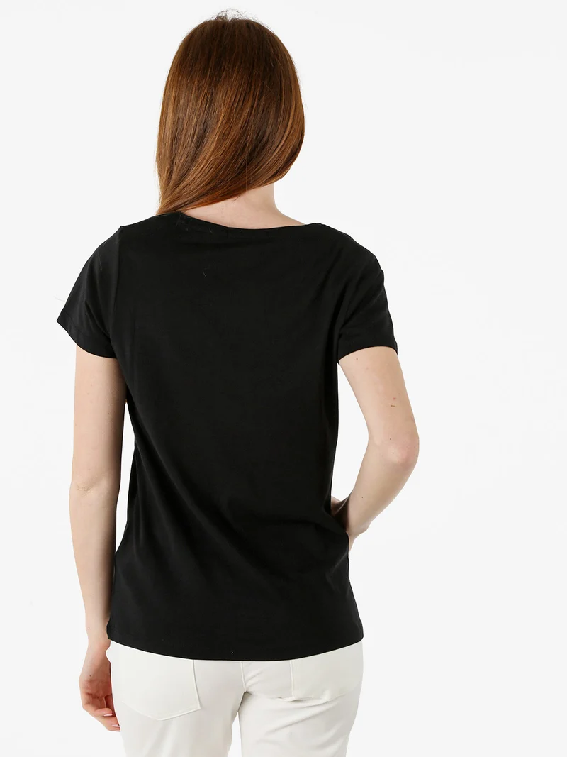 T-shirt girocollo da donna in cotone con strass e dettagli lurex - nero