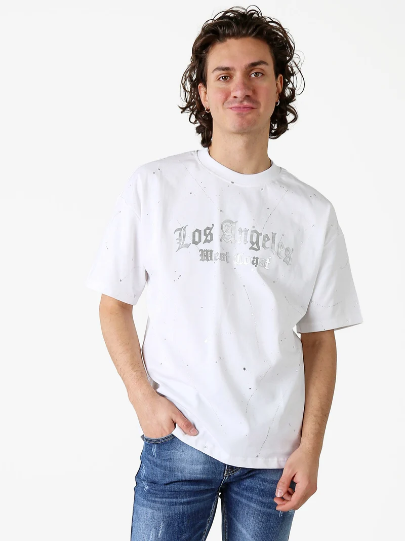 T-shirt da uomo in cotone con stampe metallizzate - bianco