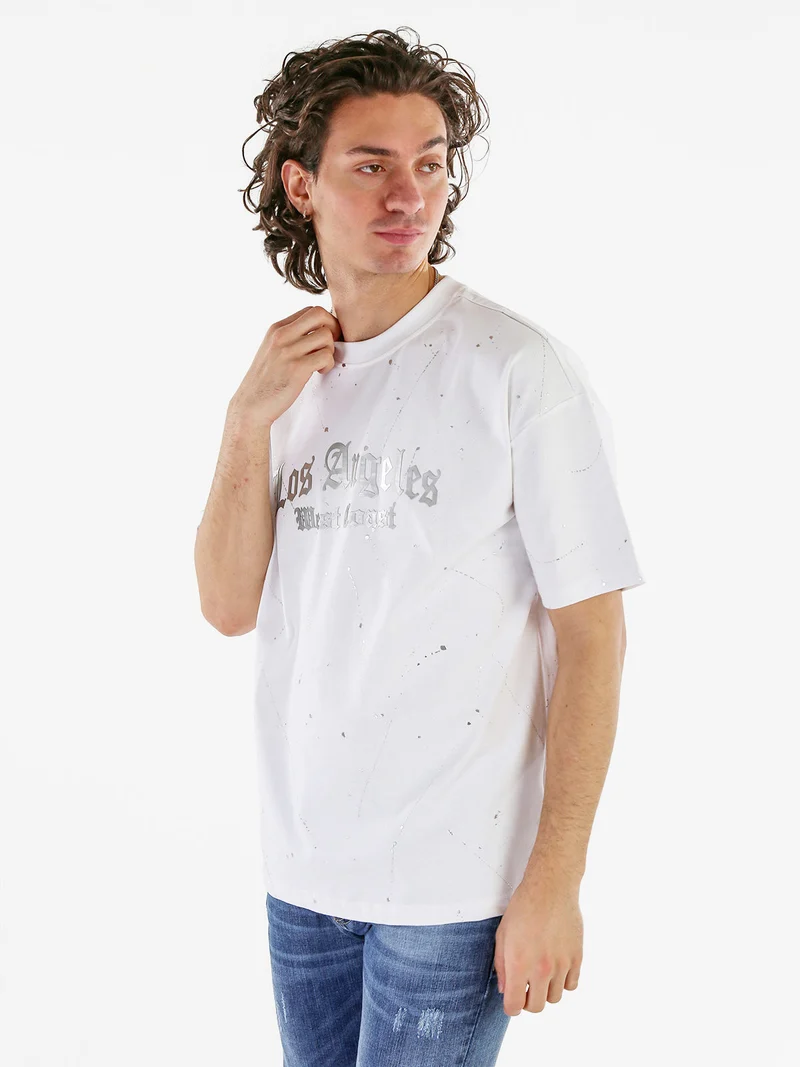 T-shirt da uomo in cotone con stampe metallizzate - bianco